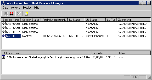 Anwendungsfenster des Host-Drucker-Managers