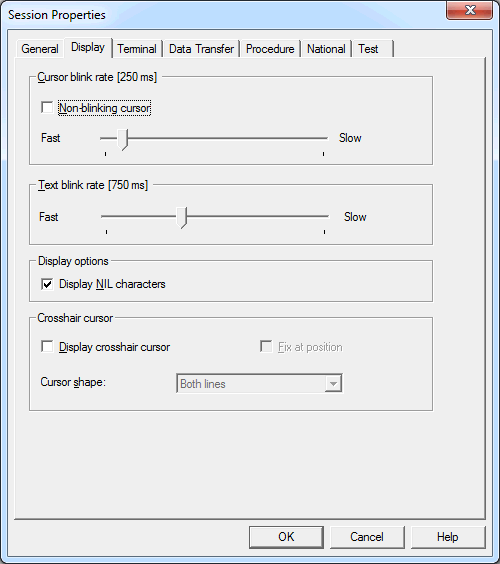 Session Properties - Display for BS2000 Types