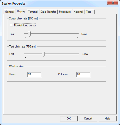 Session Properties - Display for VT Types