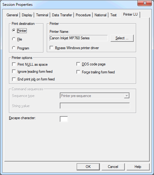 Session Properties - Printer LU