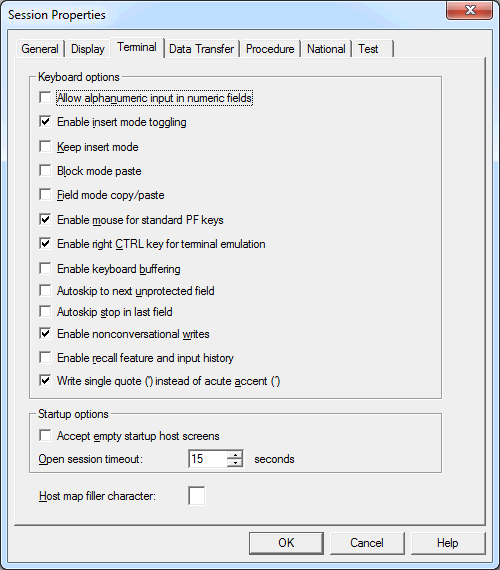 Session Properties - Terminal for all Session Types except VT Types