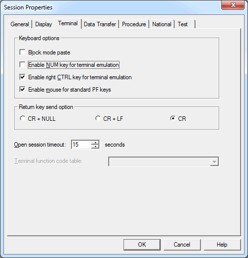 Session Properties - Terminal for VT Types