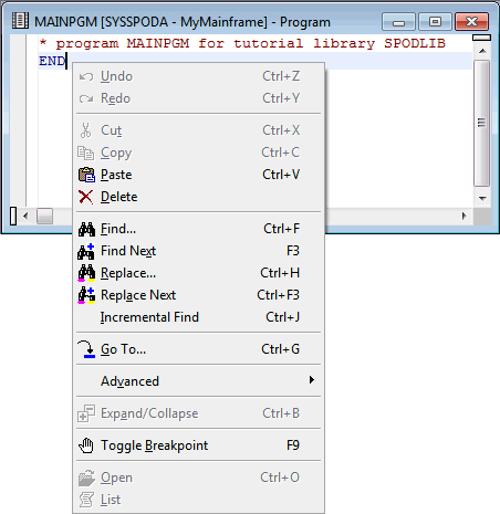 Context menu for editor