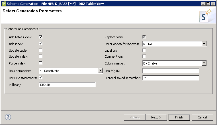 Parameters for DB2 table/view