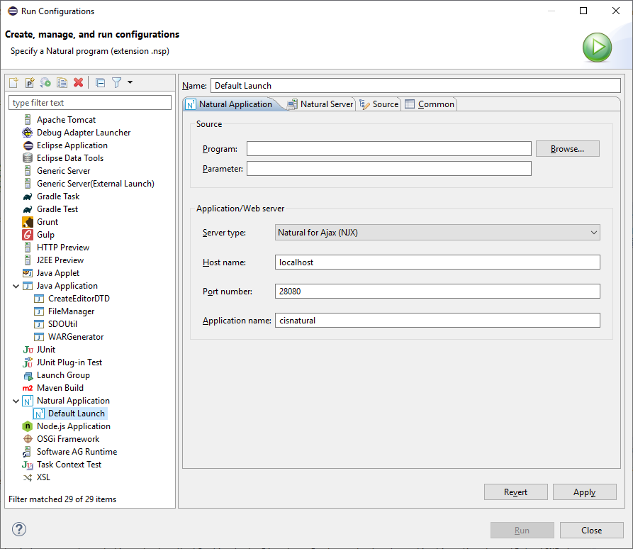 Natural Application tab of the Default Launch configuration. 