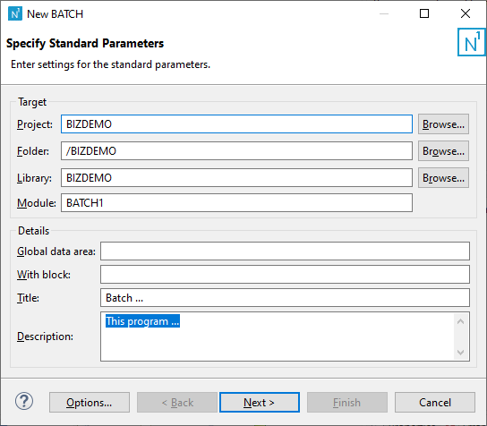 Specify Standard Parameters Panel