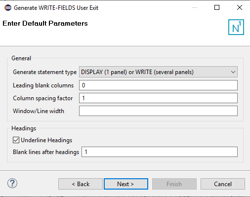 The Enter Default Parameters window which prompts you to specify the statement type, size, and spacing of the report. 
