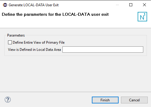 The Generate LOCAL-DATA user exit window which shows the 'Define Entire View of Primary File' checkbox and the 'View is Defined in Local Data Area' text field.