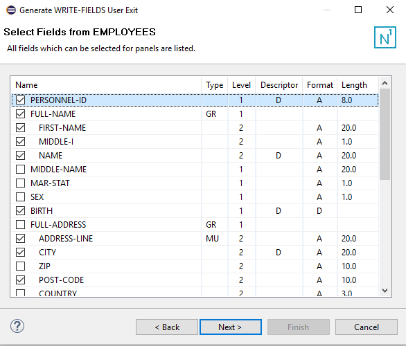 The Select Fields window which prompts you to tick which fields to add to your write-fields code. 