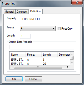Properties window Definition tab