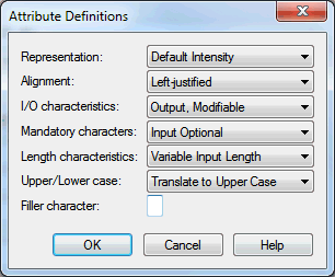 The Attribute definitions dialog box         showing different options like Representation, Alignment, I/O Characteristics.