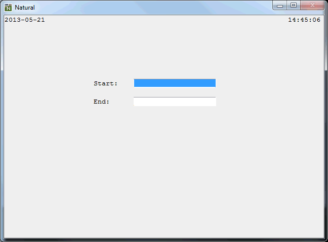 A dialog box showing the date and time and the         fields Start and End. The fields are empty.