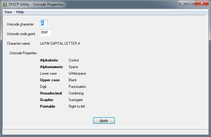 The SYSCP Unicode Properties window.
