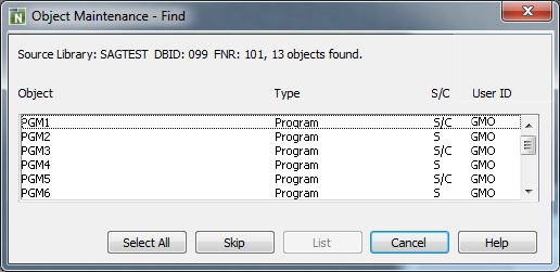 Object Maintenance         dialog box - Find option - Window 2