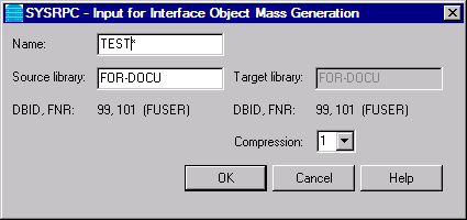 SYSRPC - Input for Interface Object Mass Generation dialog box