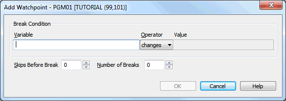 Add Watchpoint dialog box PGM01 [Tutorial (99,101)]
