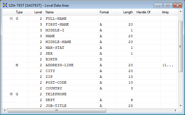 Local Data Area window with multiple lines