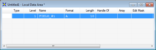 Local Data Area window with one line