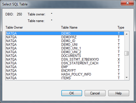Select SQL Table -dialog box