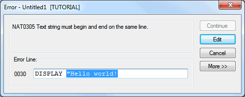 A dialog box showing the error message and the line where the error is found.