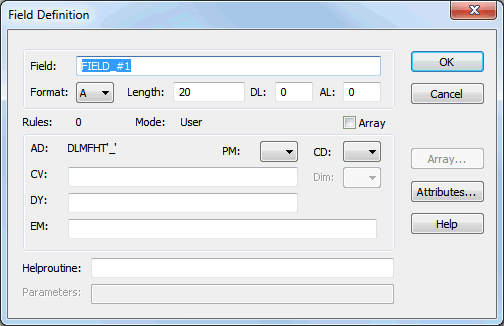 The Field definition dialog box with 'FIELD_#1' written in the 'Field:' section.