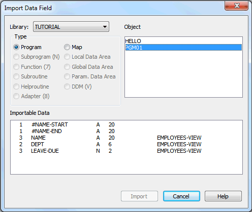 The Import data field dialog box with fields Library, Object, Type, and Importable Data.