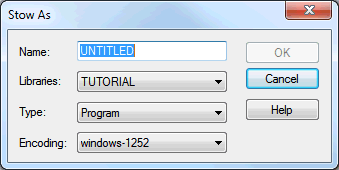 The Stow as dialog box containing the fields Name, Libraries, Type, and Encoding.