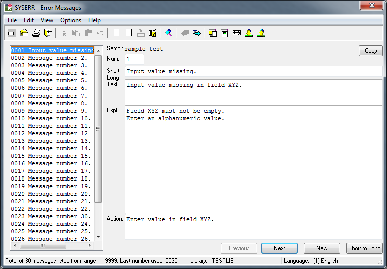 Screenshot: SYSERR Error Messages - listed with Text and explanation