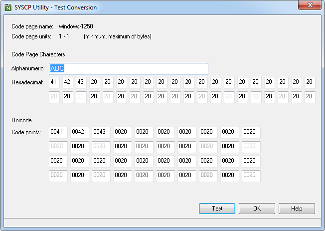 The SYSCP Test Conversion window.