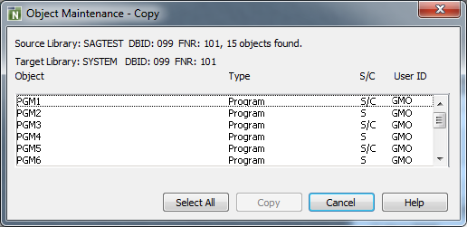 Object Maintenance dialog box - Copy option - Window 1
