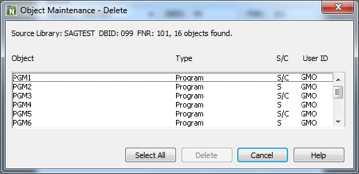 Object Maintenance dialog box - Delete option
