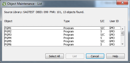 Object Maintenance dialog box - List option