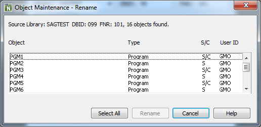 Object Maintenance dialog box - Rename option - Window 1