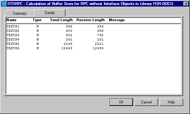 SYSRPC - Calculation of Buffer Sizes for Stubless RPC in Library - Details option