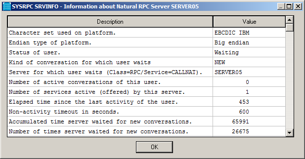 Screeshot: Information About Natural RPC Server - Description / Value