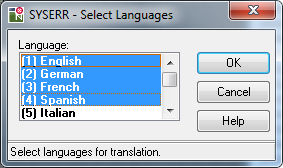 SYSERR - Selecting Languages dialog box