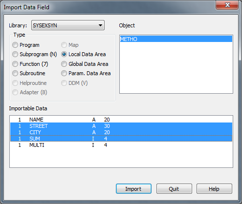 Import Data Fied dialog, Type (Local Data Area), Object (Metho), Importable Data (Street, City, Sum)