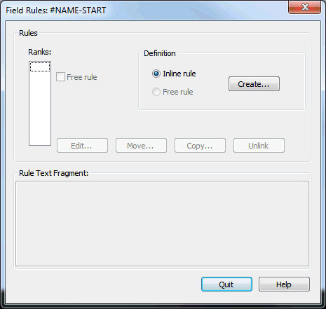The Field rules dialog box showing the         Rules section, containing the subsections Ranks and Definition, and Rule Text Fragment         section.