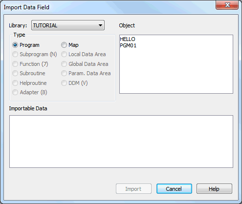 The Import data field dialog box with         fields Library, Object, Type, and Importable Data.