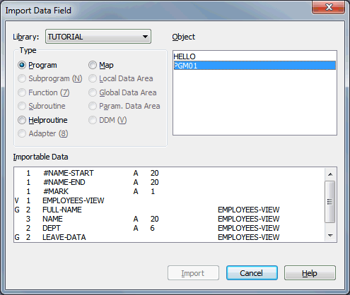 The Import data field dialog box with the importable data shown.