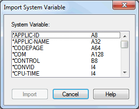 The Import system variable dialog box showing different system variables.