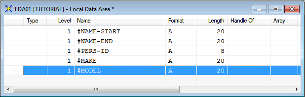 The populated Local data area.