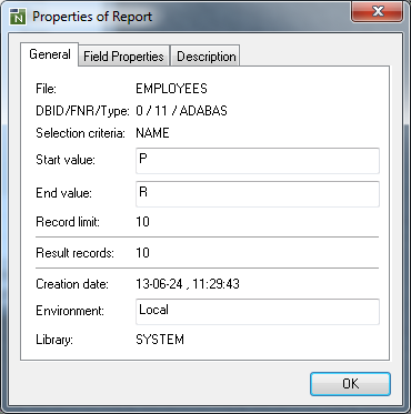 Properties of Report - General