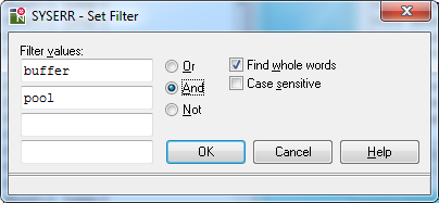 SYSERR - Set Filter dialog box with 'buffer' and         'pool' written in two of the fields.