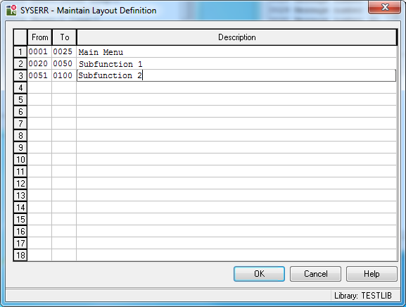 SYSERR Maintain Layout Definition dialog box