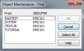 Object Maintenance dialog box - Find option - Window 1
