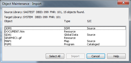 Object Maintenance dialog box - Import option