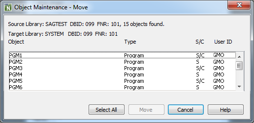 Object Maintenance dialog box - Move option - Window 1