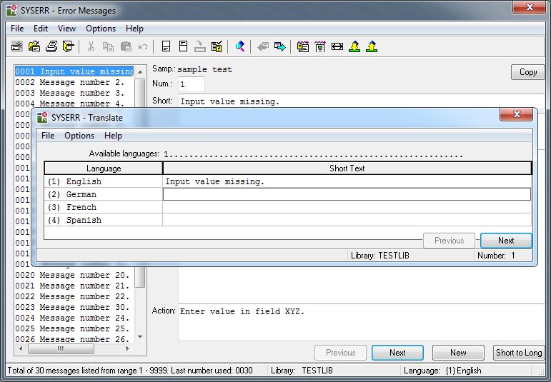 Screenshot: SYSERR Error Messages - Translate dialog box