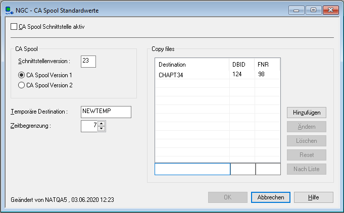 CA Spool-Standardwerte